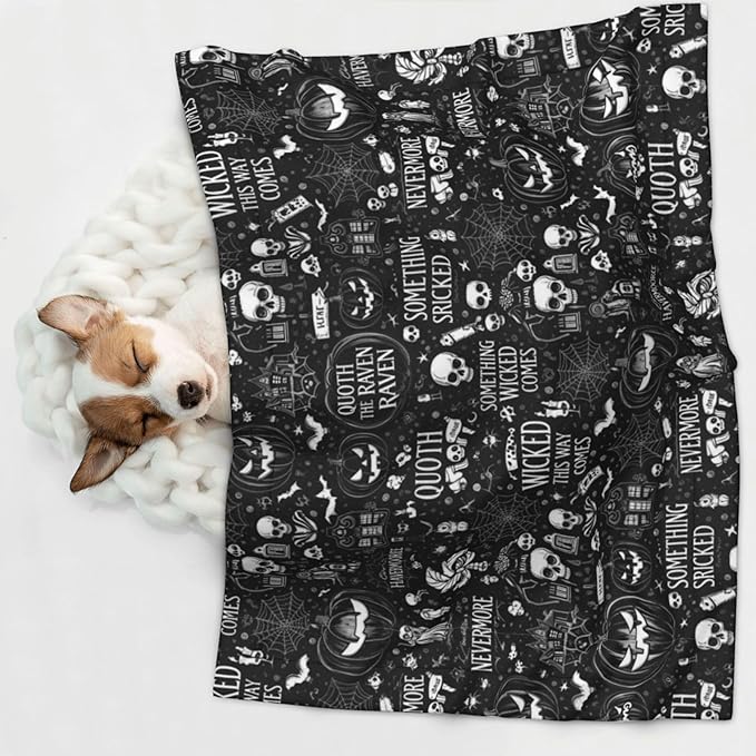 Double Sided Plush Pet Blanket with Cozy Dot Texture, Halloween Witchcraft Witch Pumpkin Spider Web Bat Raven Magic Board Spirit Skull Skeleton Vintage Black, Reversible for Dogs Cats on Couches Beds