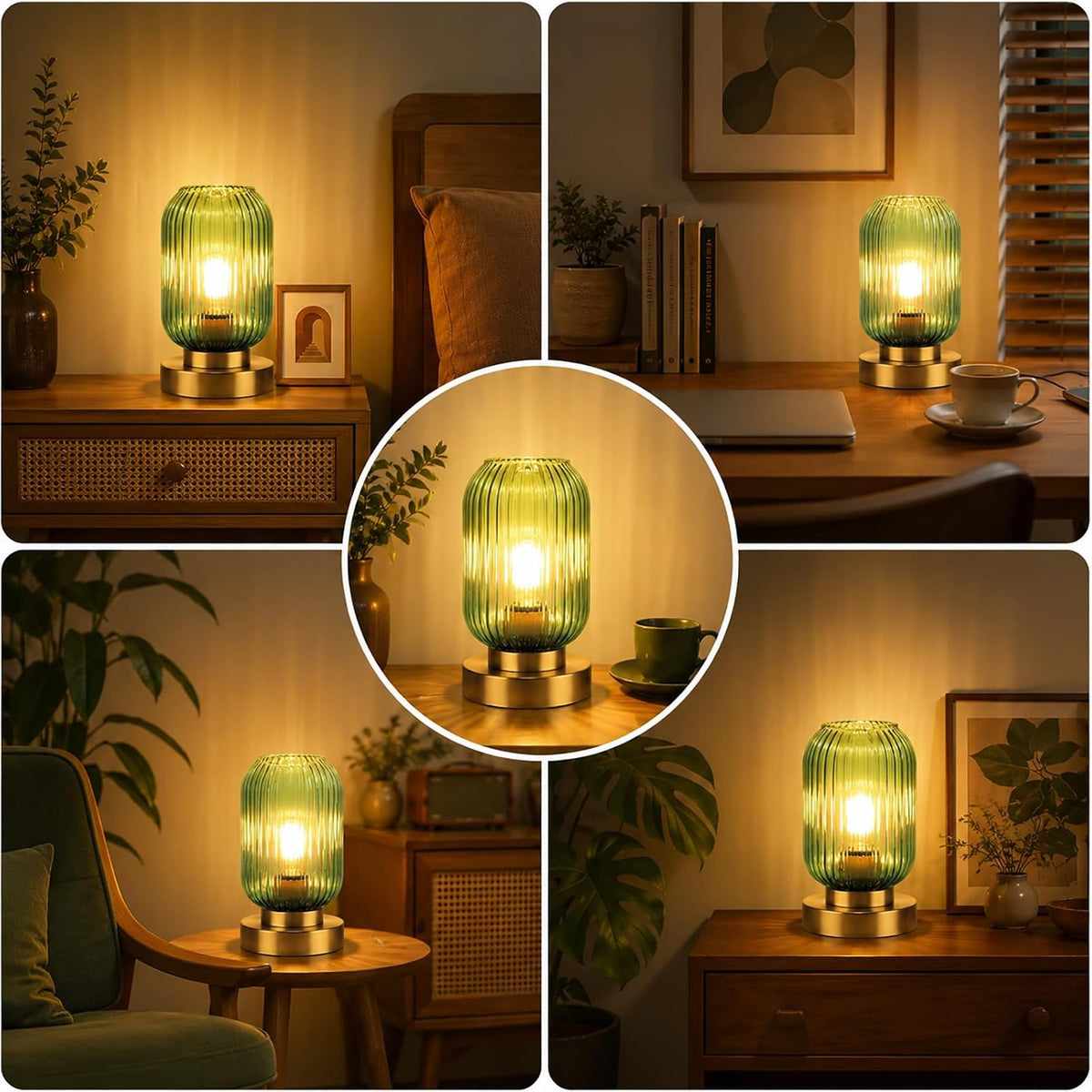 Mid Century Modern Gold Table Lamp with Ribbed Green Glass Shade