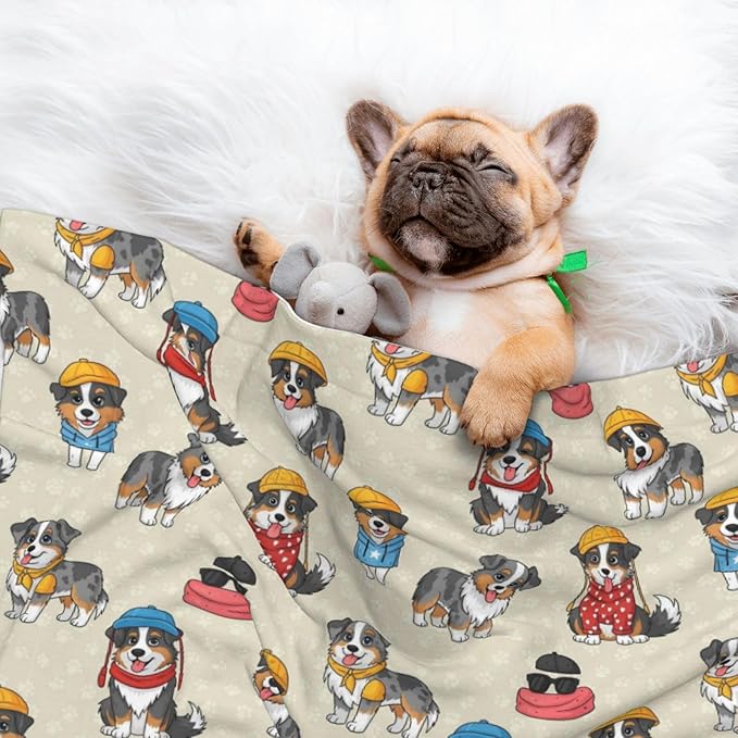 Double Sided Pet Mat for Dog Bed Topper Cat Blanket Furniture Protector, Cute Australian Shepherd Dog and Puppy, Reversible Plush with Tactile Dot Pattern for Style Change