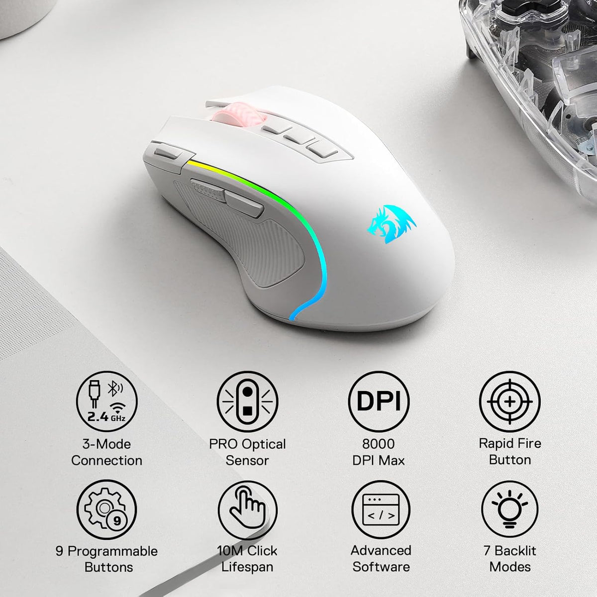 Redragon M612 Wireless RGB Optical Gaming Mouse 8000 DPI Remapping Keys