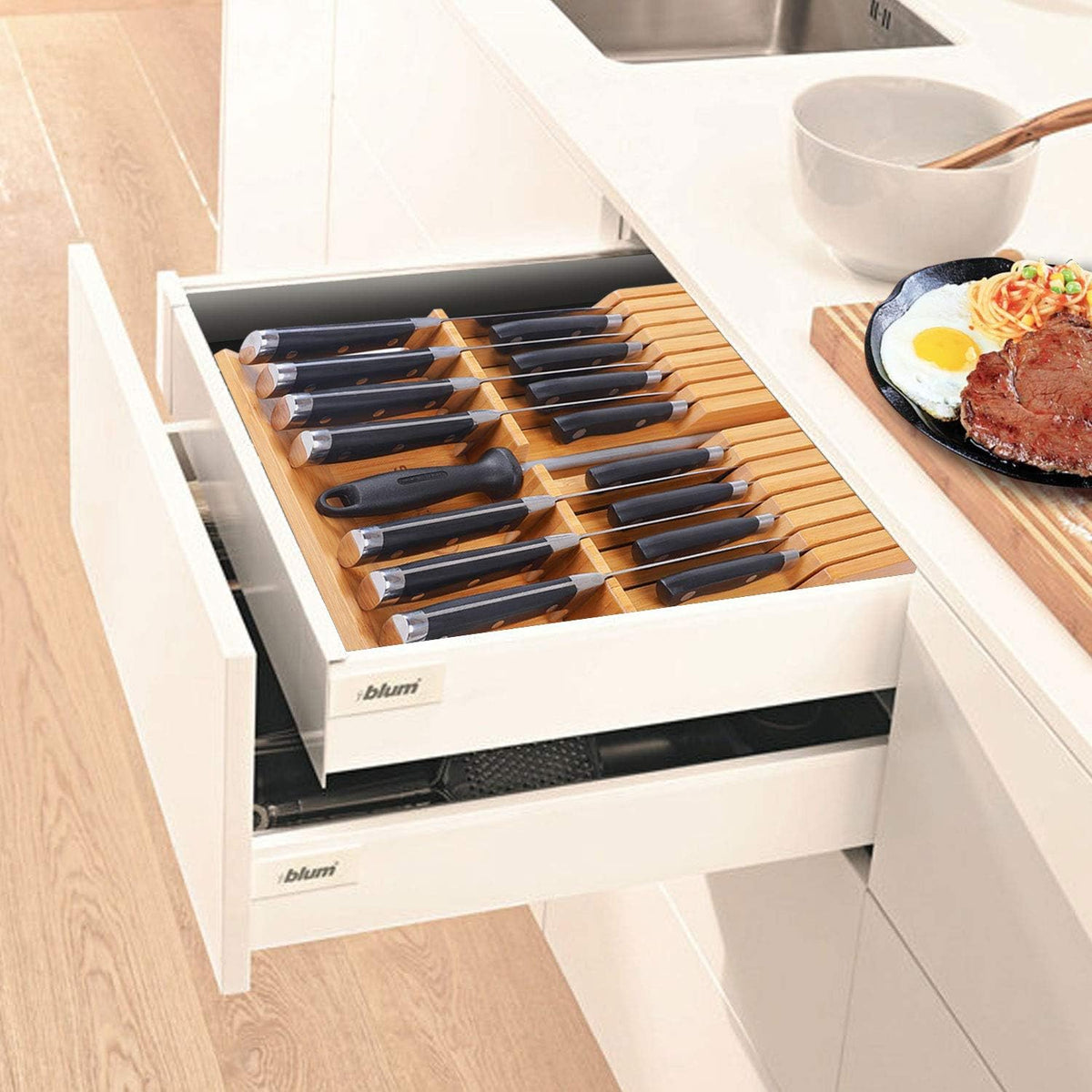 Utoplike In-drawer Knife Block Bamboo Kitchen Knives Drawer Organizer Large
