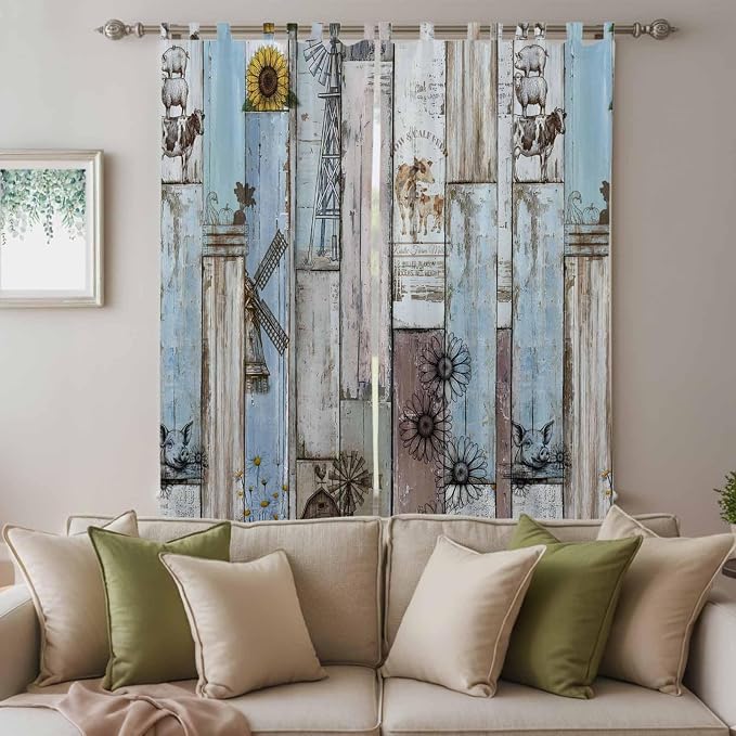 Blue Grey Wooden Living Room Curtains 84 Inch Length, Window Curtains Tab Top