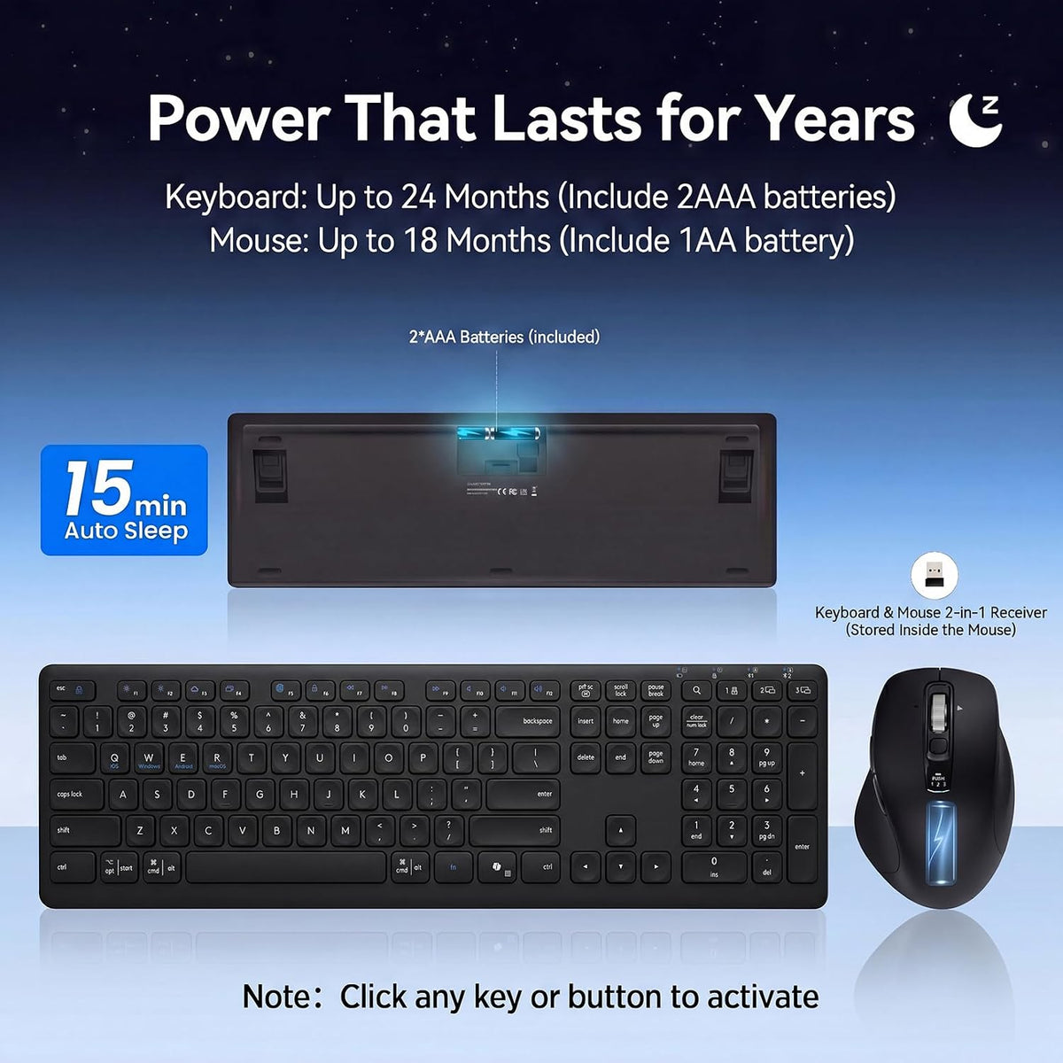 Wireless Keyboard and Mouse Combo, Multi-Device, Silent (Black)