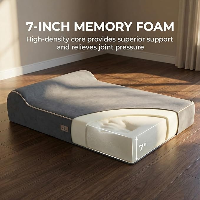 Jumbo Orthopedic Dog Bed for Large Dogs - 7-inch Thick Memory Foam Dog Bed with Pillow Removable Cover Machine Washable, Giant | 50 inch, Off-White