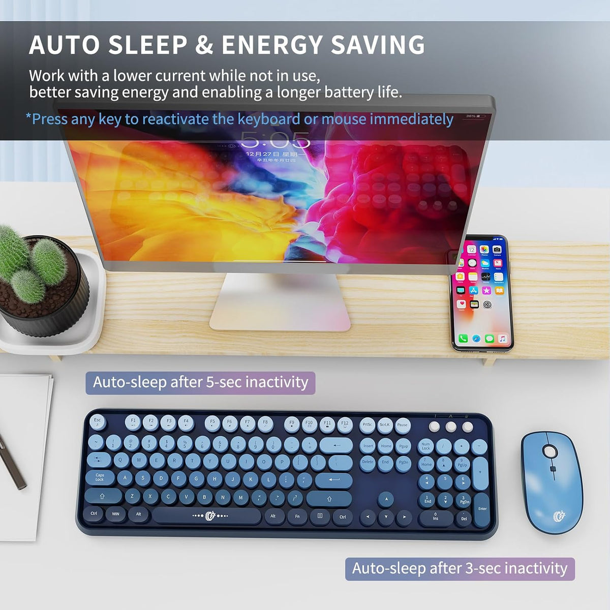 FOPETT Wireless Keyboard and Mouse Combo - 2.4G Full-Sized Cute Colorful Mouse and Keyboard with 104 Round Keys Retro Typewriter Keyboard for Laptop/Windows/PC - Blue Gradient