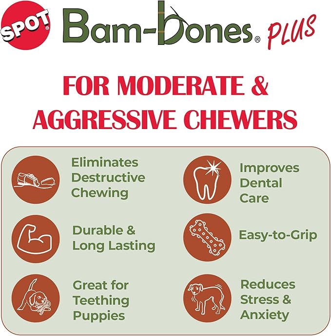 SPOT Bam-Bones Plus T Bone - Bamboo Fiber & Nylon Dog Chew Toy for Moderate to Aggressive Chewers, Non-Splintering, Long-Lasting, 7in Beef Flavor, for Adult Dogs & Teething Puppies Under 90lbs