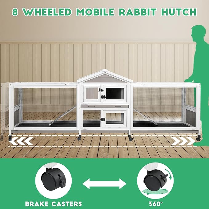 93” Large Rabbit Hutch Outdoor with Run, Wooden Expandable 2 Story Bunny House Rabbit Cage Indoor with 8 Wheels, Waterproof Roof, 4 Pull Out Trays, Guinea Pig Cage for Small to Medium Pets