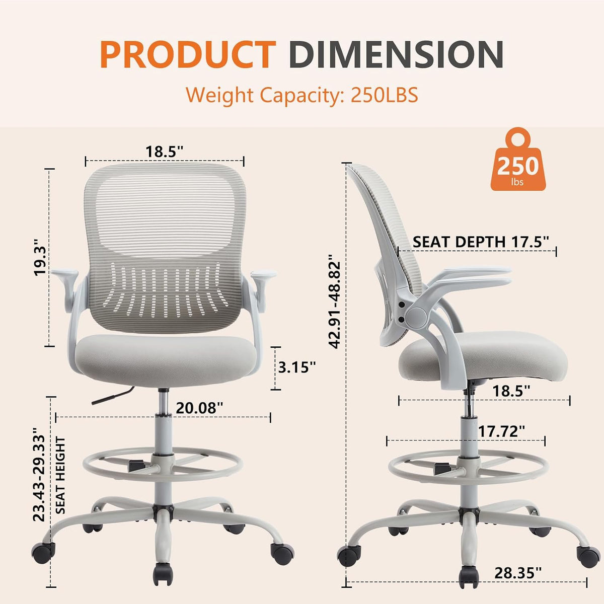 Sweetcrispy Tall Drafting Office Desk Chair - Ergonomic High Stool Computer Chair with Adjustable Height and Comfy Lumbar Support, Rolling Counter Height with Flip-up Arm and Footrest, Grey
