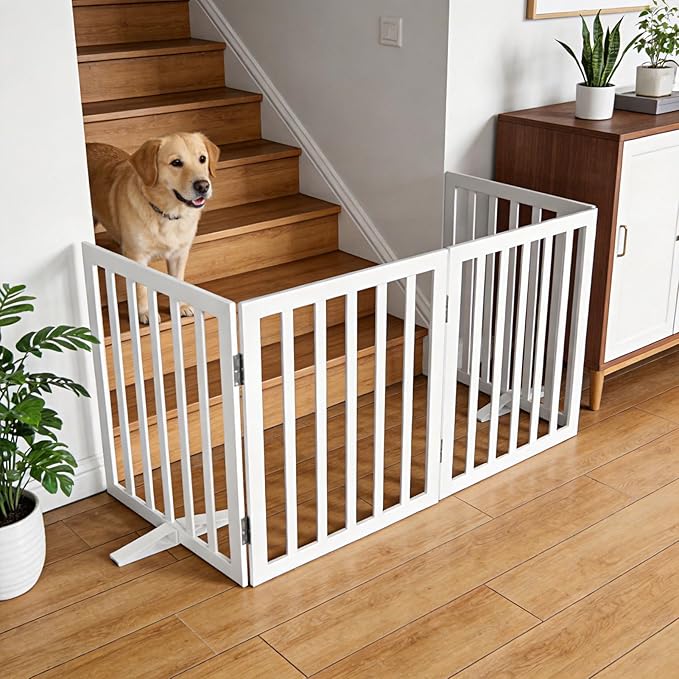 ZJSF Freestanding Indoor Dog Gate for House Foldable Wood White Puppy Gate for Doorways Pet Gate for Stairs Extra Wide Pet Fence 24" Height 2 Panels