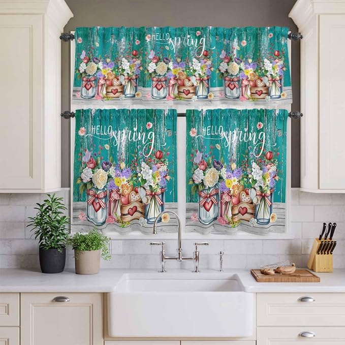 Spring Flowers Kitchen Curtain Set, Farmhouse Watercolor Teal Wood Grain Window