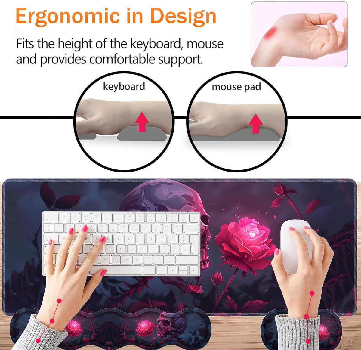 Large XXL Gaming Desk Mat 31.5"x 11.8", Ergonomic Keyboard Wrist Rest & Mouse Pad Wrist Rest + Coaster Set, Non-Slip Base, Memory Foam, Office and Home, Rose Skull