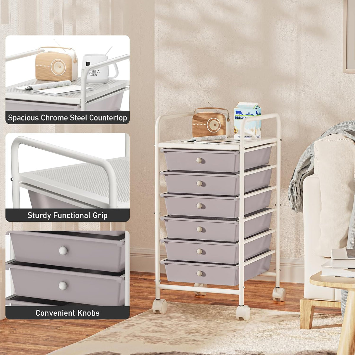 6-Tier Utility Cart with 6 Drawers, Rolling Utility Cart with 2 Lockable Caster Wheels, Multipurpose Mobile Rolling Drawer Cart for Office Bathroom Kitchen, Gray