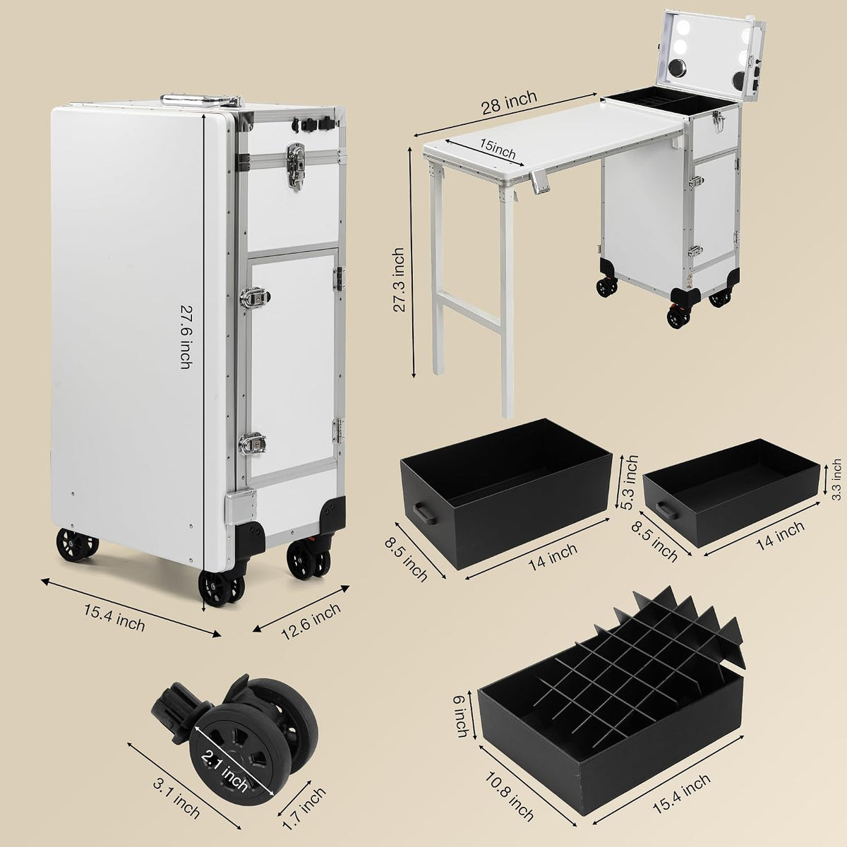 Rolling Portable Manicure Table with 3 Drawers, Makeup Case Foldable Nail Desk with Wheels, Lockable Mesa de Uñas Profesional para Nail Techs, Mobile Nail Makeup Workstation