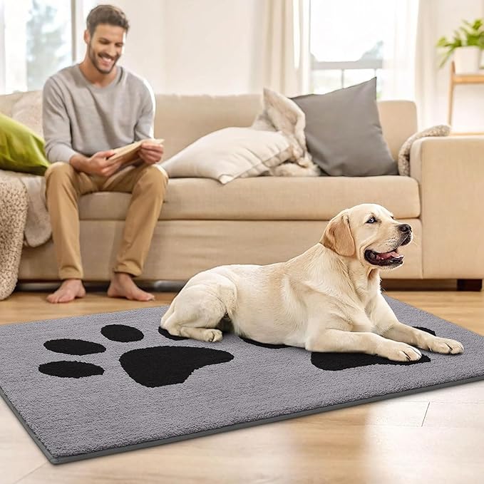 Buganda Dog Door Mat for Muddy Paws, Absorbent Dirt Trapper Washable Indoor Doormats, Non Slip Low-Profile Mud Mat for Dogs, Front Entrance Doormat for Inside Floor (40x32 Inches, Grey)