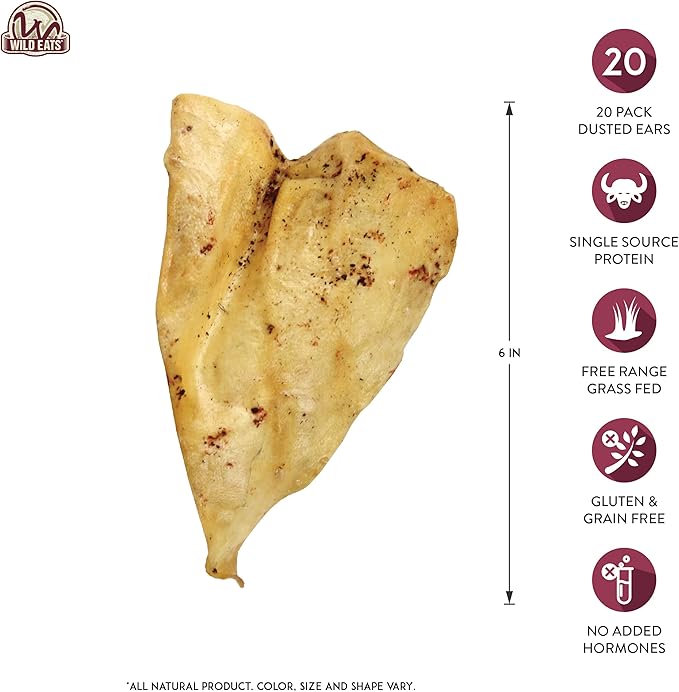 Wild Eats Water Buffalo All Natural Dusted Ear Dog Chews, Single Ingredient Treat - 20 Count (Grain Free Treats - Great Alternative to Pig Ears, Cow Ears, Bones & Rawhides for Dogs)