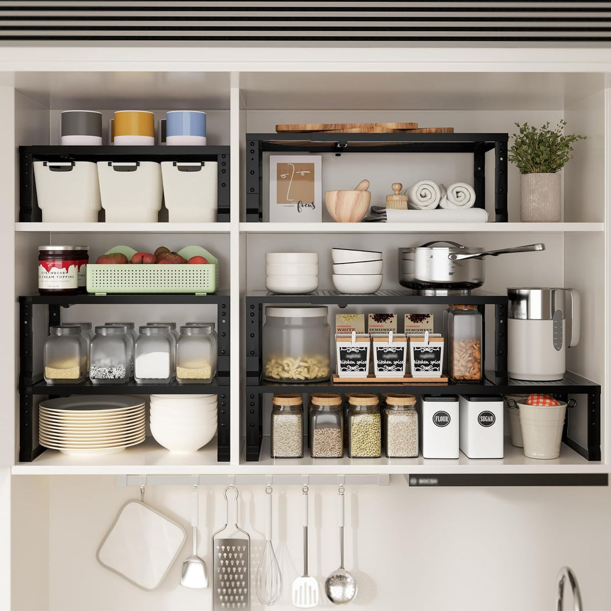 Expandable Spice Rack & Kitchen Cabinet Organizer - Stackable, Adjustable Shelves for Cabinets, Countertops, Cupboards & Pantries(1 Pack/Medium/Black)