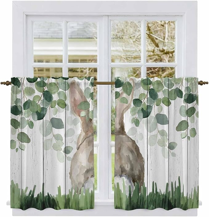 Easter Kitchen Curtains, Country Rabbit Botanical Leaves Wooden Grain Light