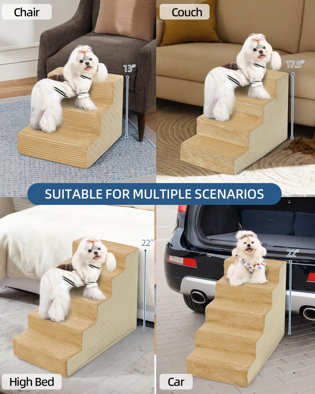 Dog Stairs for Small Dogs,22" H,5-Step Dog Steps for Bed and Couch with High Density Foam,Non-Slip Pet Steps for Doggy and Cat,Pet Stairs with a Washable Cover,Khaki