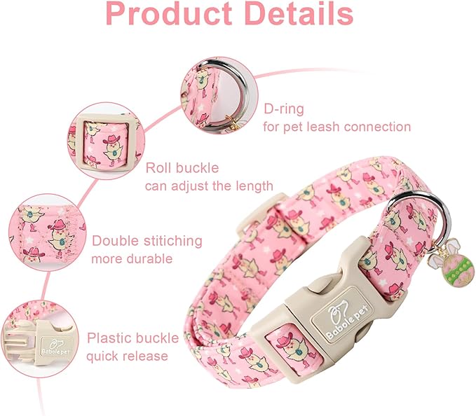 Easter Dog Collar for Large Dogs - Cowgirl Chick Easter Collars for Dogs, Pink Girl Dog Collar, Adjustable Spring Holiday Pet Collars with Quick Release Buckle L