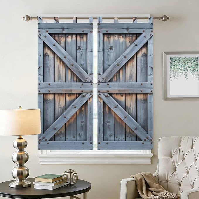 Farmhouse Wood Grain Bathroom Curtains 63 Inch Length, Window Curtains Tab Top