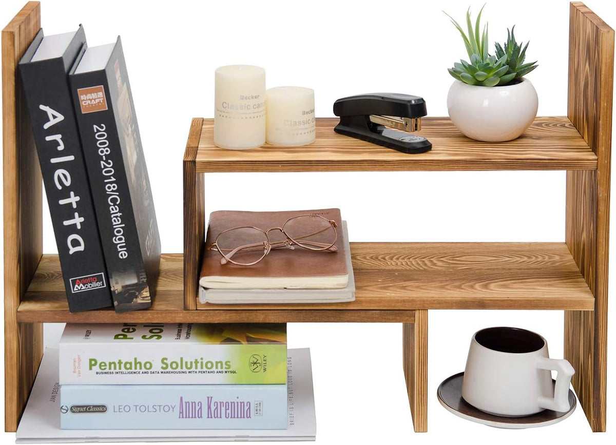 Adjustable Extendable Natural Wood Desktop Organizer Caddy Desk Organizer Countertop Shelf Bookcase Display Stand Rack Expandable Storage Office Home (Dark Brown)