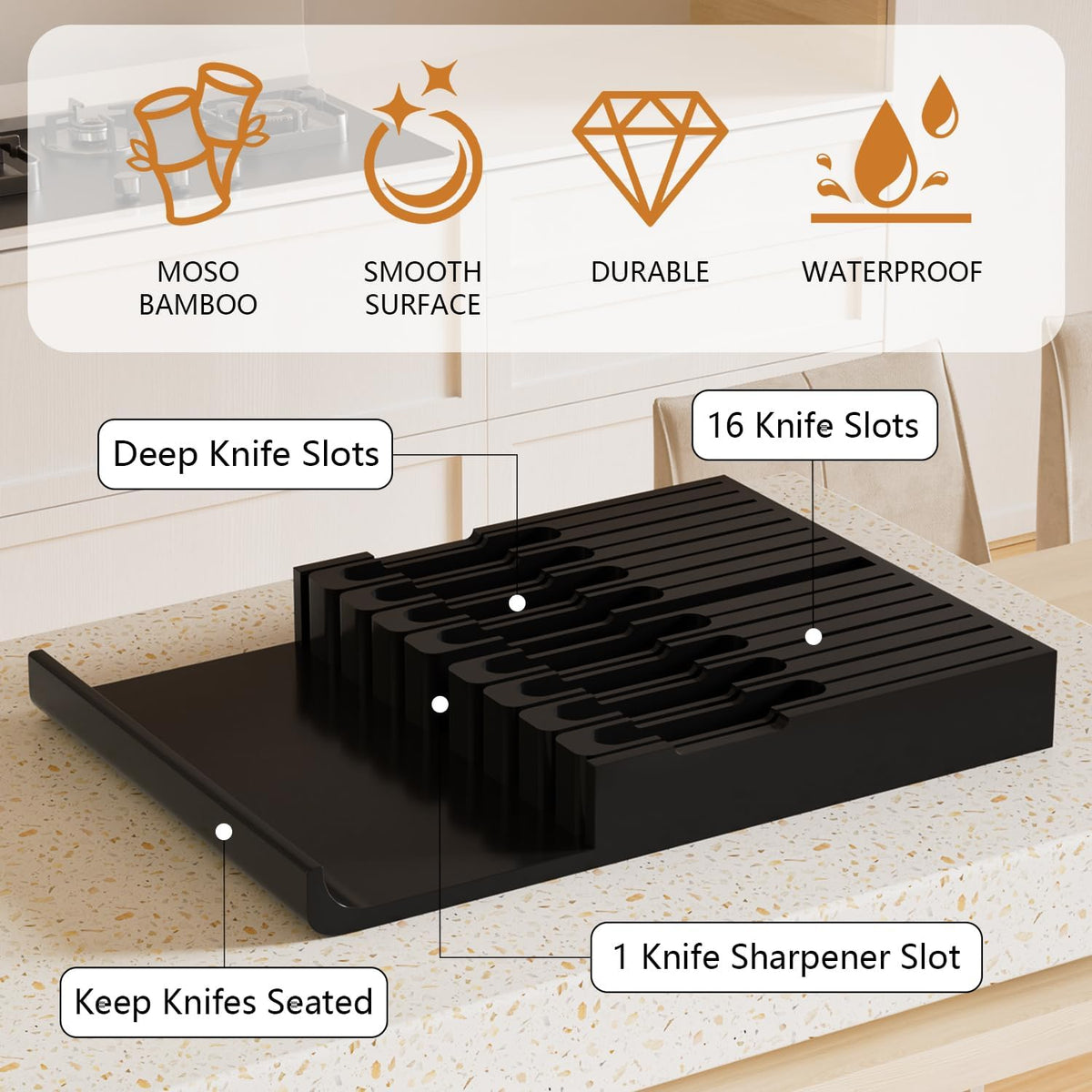 Domax Bamboo In-drawer Knife Block - Kitchen Knife Drawer Organizer Insert, Knife Holder without Knives Large, Drawer Knife Organizer Fits for 16 knives and 1 Sharpening Steel (Not Included), Black