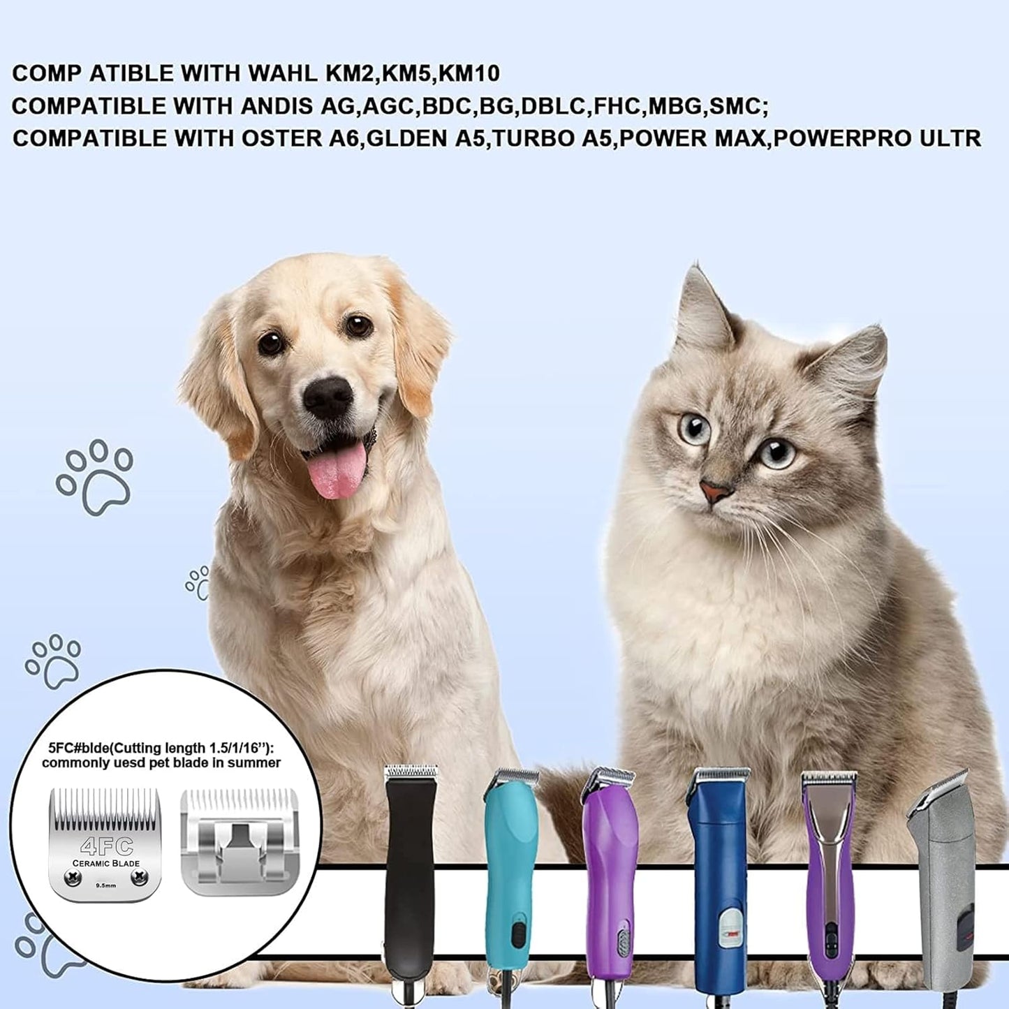 5PCS 10 Blades Dog Grooming Replacement Blades Compatible with Andis Pet Clipper/Oster A5/Wahl KM Series Dog Clipper,Ceramic Blade & Stainless Steel Blade, Size ：#10+30+40+5FC+4FC