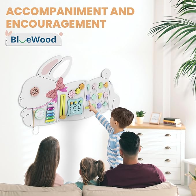 BlueWood Wooden Wall Busy Board Panels, Toddler Learning Activity Center, Montessori Philosophy Sensory, Educational Toys, Conducive to All-Round Development - Rabbit