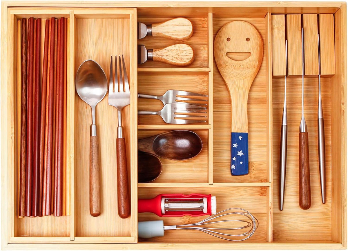 COIWAI Two tier Bamboo kitchen Drawer Organizer Cutlery Utensil Silverware Organizer Tray for Drawer, double layer Holder Drawer Dividers for Flatware (L: 16.85 × 12.2 in)