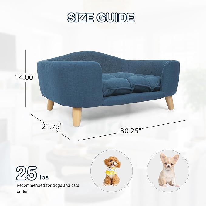 Dog Sofa Couch Bed for Small Dogs, Durable Fabric Rectangle Pet Sofa with Soft Cushion, Modern Elegant Elevated Mini Dog Couch Bed with Backrest and Armrests, Navy Blue