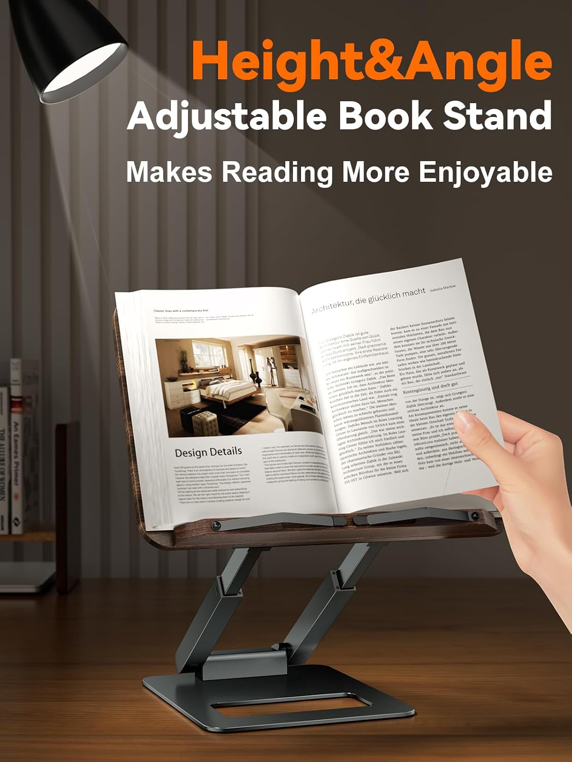Tounee Book Stand, Telescopic Book Holder Stand, Adjustable Height Pull Out Design Ergonomic Cookbook Stand with Elastic Page Clips Fits All Books (Gray)