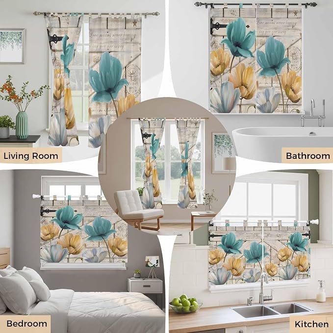 Watercolor Flowers Bedroom Curtains 63 Inch Length, Window Curtains Tab Top