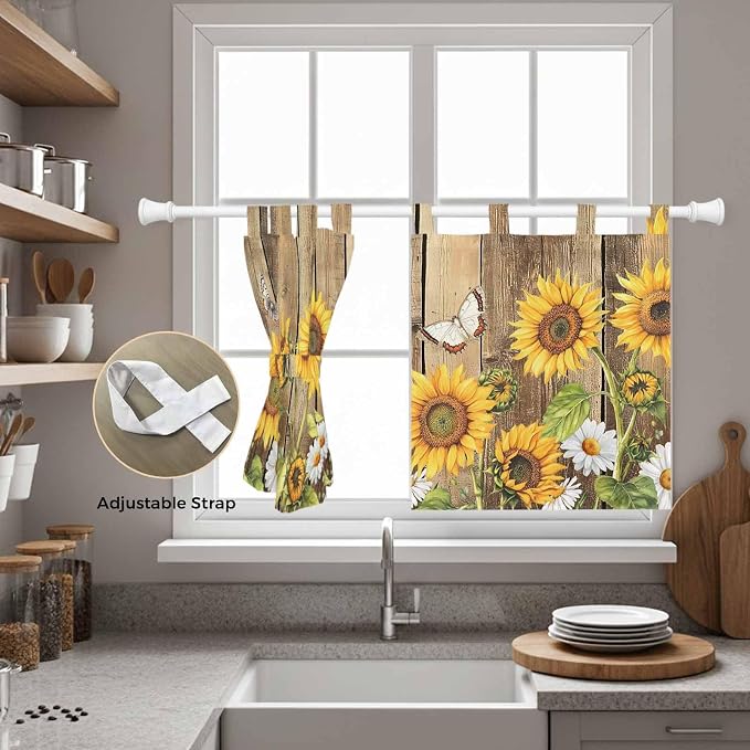 Farmhouse Sunflowers Kitchen Curtains 24 Inch Length, Small Window Curtains Tab