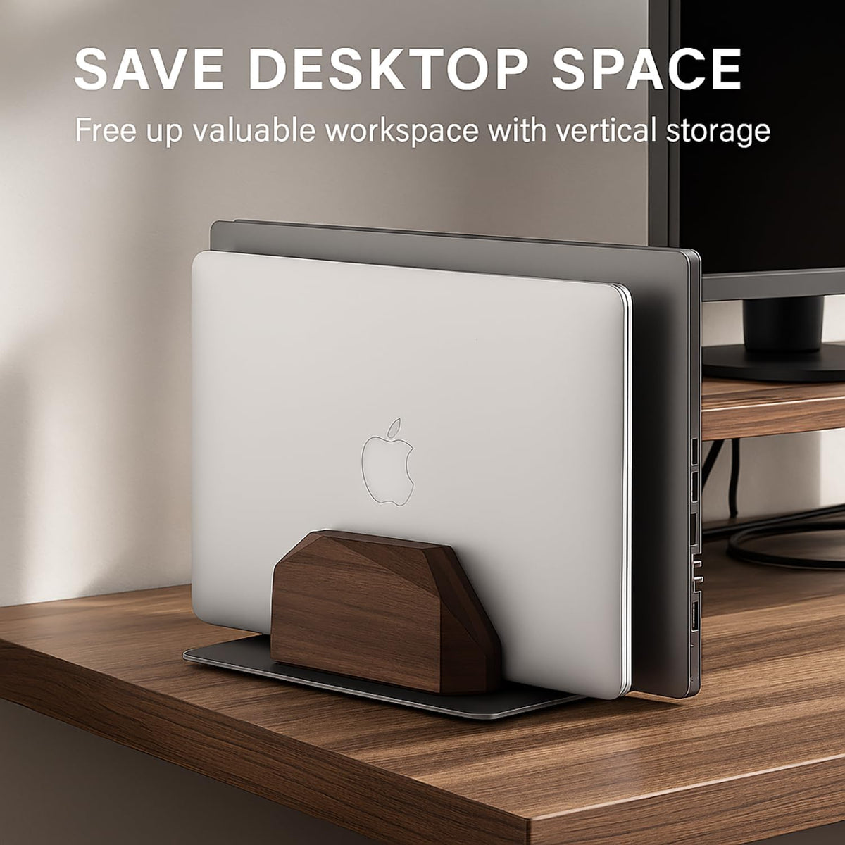 Walnut Vertical Laptop Stand, Dual Slot Wood Laptop Holder for Desk