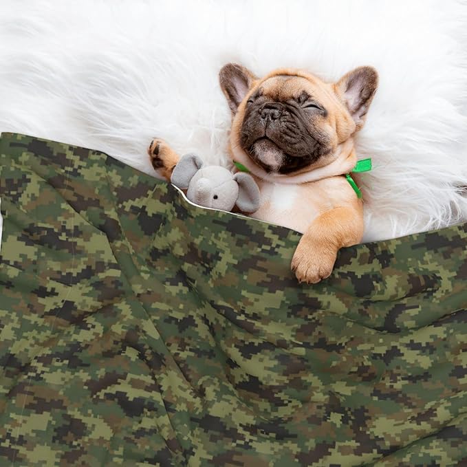Dog and Cat Blanket in One, Camo Camouflage Hunting Green, Double Sided Plush Throw with Raised Dot Pattern on One Side and Flat Velvet on Other for Variety