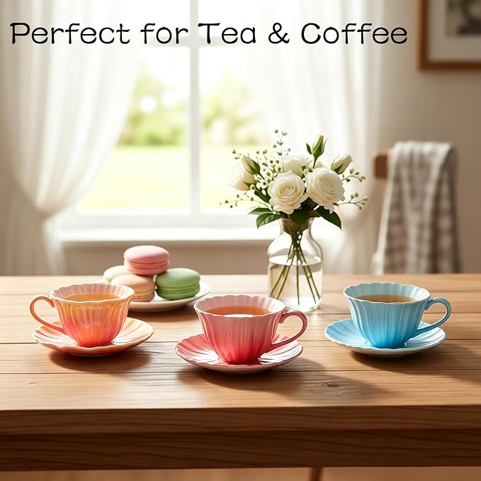 10 oz Tea Cups and Saucers, Flower-Shaped Ceramic Latte Art Cappuccino Cup and