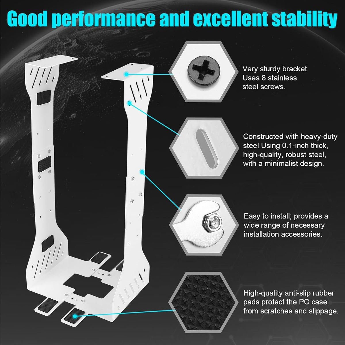 Heavy Duty Adjustable Under Desk PC Holder 7.5 to 12 Inch Wide, Supports up to 80 Lbs Load Capacity, Under Desk PC Mount, Wall Mount Space Saving Computer Case Tower Holder-White