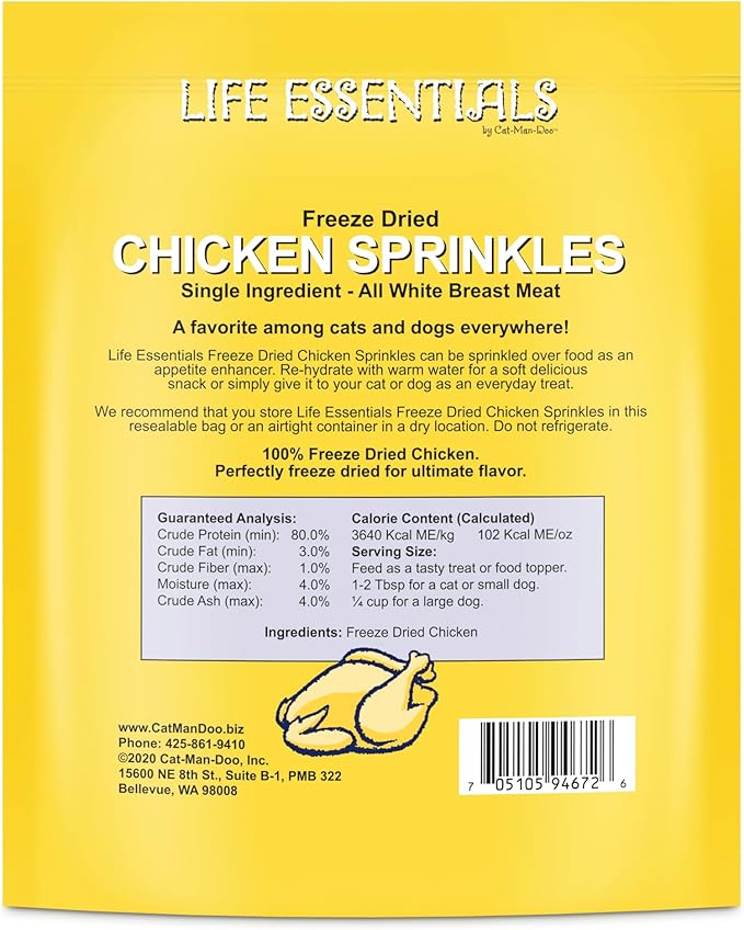 Life Essentials by Cat-Man-Doo Freeze Dried Chicken Sprinkles Dog & Cat Treats, Healthy Single Ingredient Training Treats for Dogs, Puppies & Cats, Made with Real Chicken – 5 oz