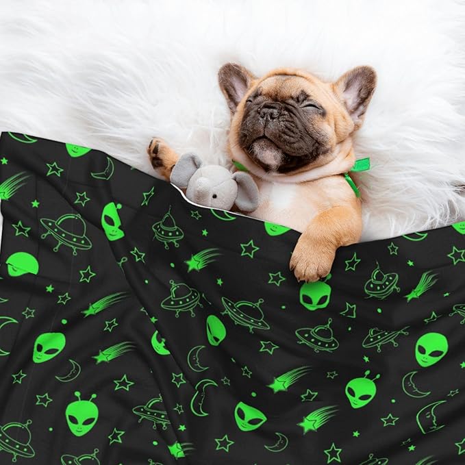 Dog and Cat Blanket in One, Green Alien Moon Spaceships Planet Black, Double Sided Plush Throw with Raised Dot Pattern on One Side and Flat Velvet on Other for Variety