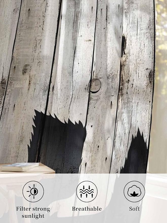 Sheer Curtains 45 Inch Length, Rustic Counrty Vintage Wood Grain Privacy Voile