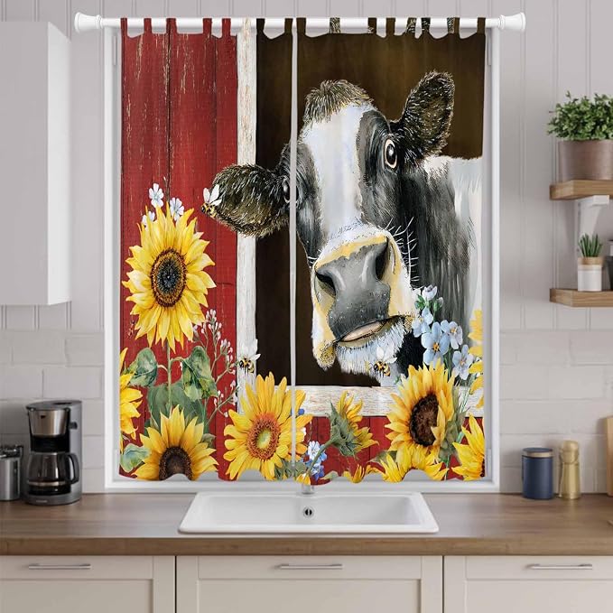 Cows Sunflowers Living Room Curtains 84 Inch Length, Window Curtains Tab Top