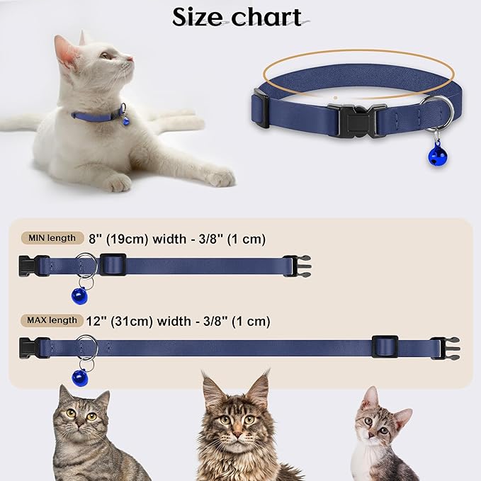 Breakaway Cat Collar with Bell - Leather Adjustable Kitten Collars with Safety Quick Release Buckle - Soft Small Pet Collars for Girl & Boy Cats (Deep Blue)