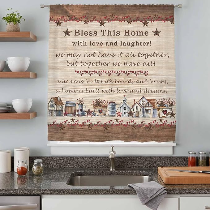 Farmhouse Sheer Curtains 45 Inch Length Brown Country Star Berry Vintage Wood