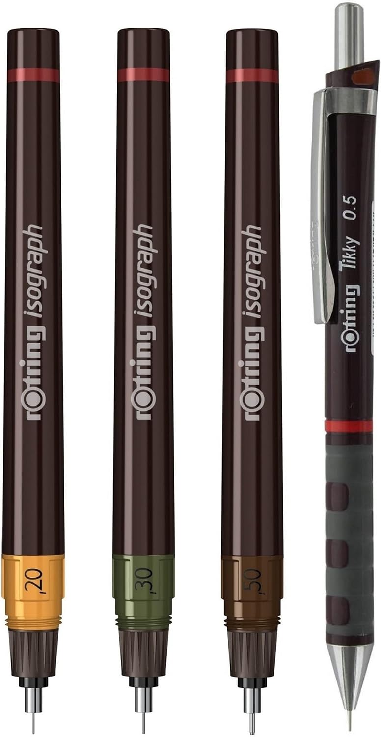 rOtring Isograph Technical Drawing Pen College Set, (0.20, 0.30, 0.50 mm), Includes Pens, Pencil, Eraser, and More - Designed for Precision