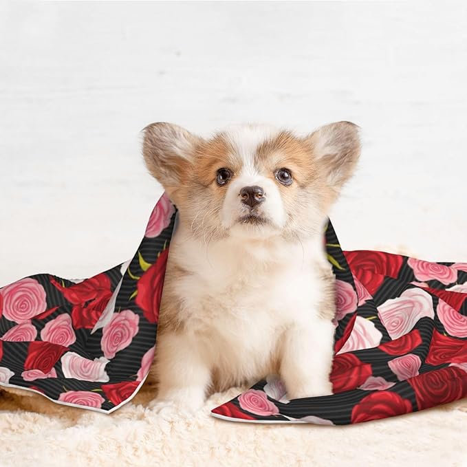 Double Sided Pet Bed Blanket for Added Cushion Warmth, Black White Stripes Red Rose Flowers, Reversible Cover with Textured Dot Surface for Existing Beds Standalone Mat
