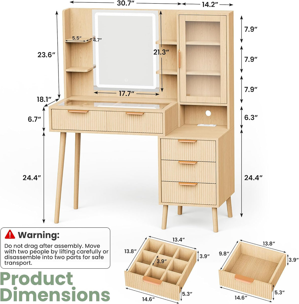 Fluted Makeup Vanity with Mirror and Lights,5 Drawers Glass Top Vanity Desk with Glass Door Cabinet,Power Outlet,6 Shelves,9-Grid Organizer,Lighting Adjustable Dressing Table,Natural Oak