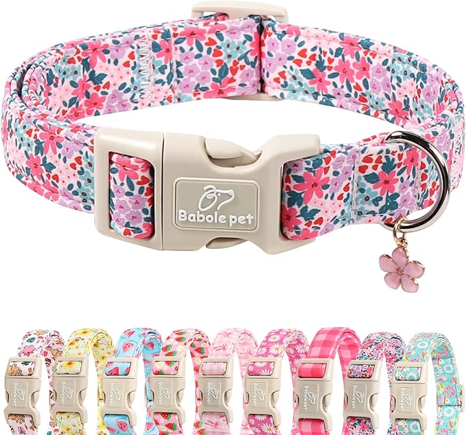 Floral Dog Collar, Cute Girl Dog Collars - Pastel Wildflowers Pattern Spring Summer Puppy Collar, Adjustable Female Dog Collars for Small Medium Large Dogs L