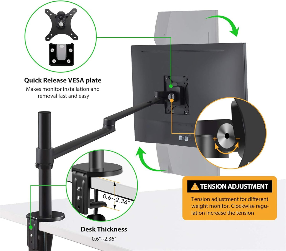 Viozon Laptop/Notebook/Projector Mount Stand, Height Adjustable Single Arm Mount Support 12-17 inch Laptop/Notebook/Tablet, Free Removable VESA 75X75 and 100X100 for Monitor 17-32 inch.