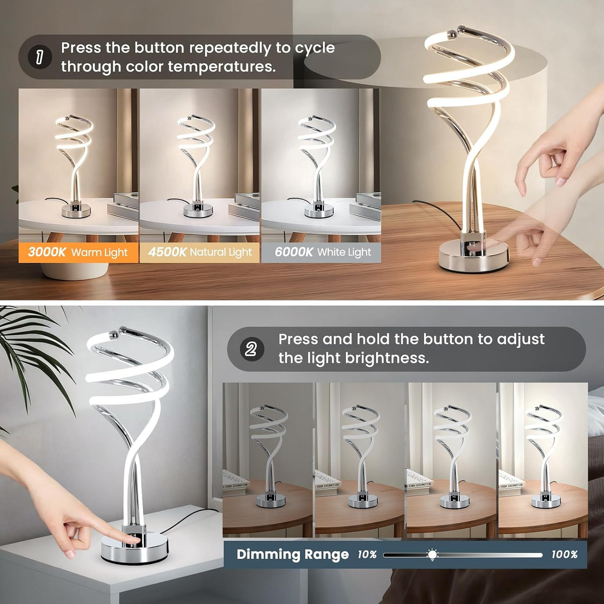 ElDISUNY Modern LED Table Lamp, 3 Color Temperatures,Touch Control CurveDimmable Bedside Table Lamps with USB Ports, Touch Control LED NightstandLamp, Desk Lamp for Living Room, Bedroom -Silver