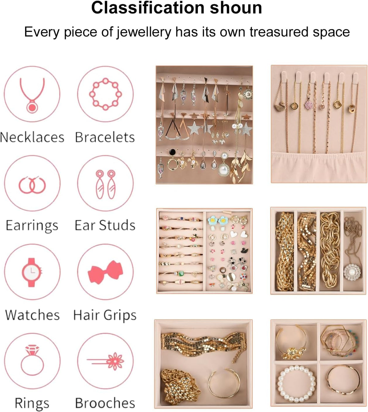 ASINGYER White 4 Layer 3 Drawer Jewelry Organizer with Double Hanging Side Cabinets for Women Accessories